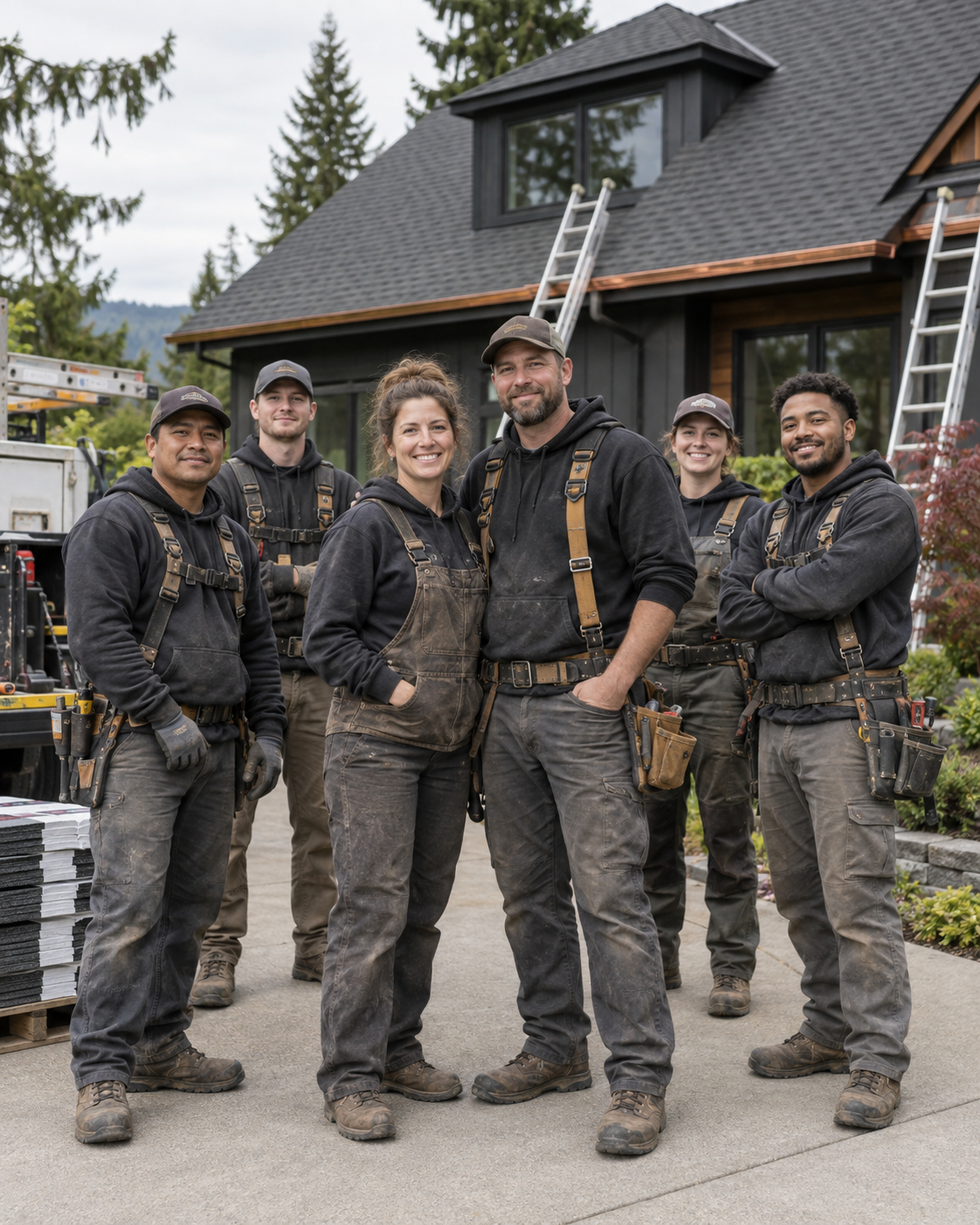 The fictional A&M Roofing founders and their roofing crew at a Los Angeles job site