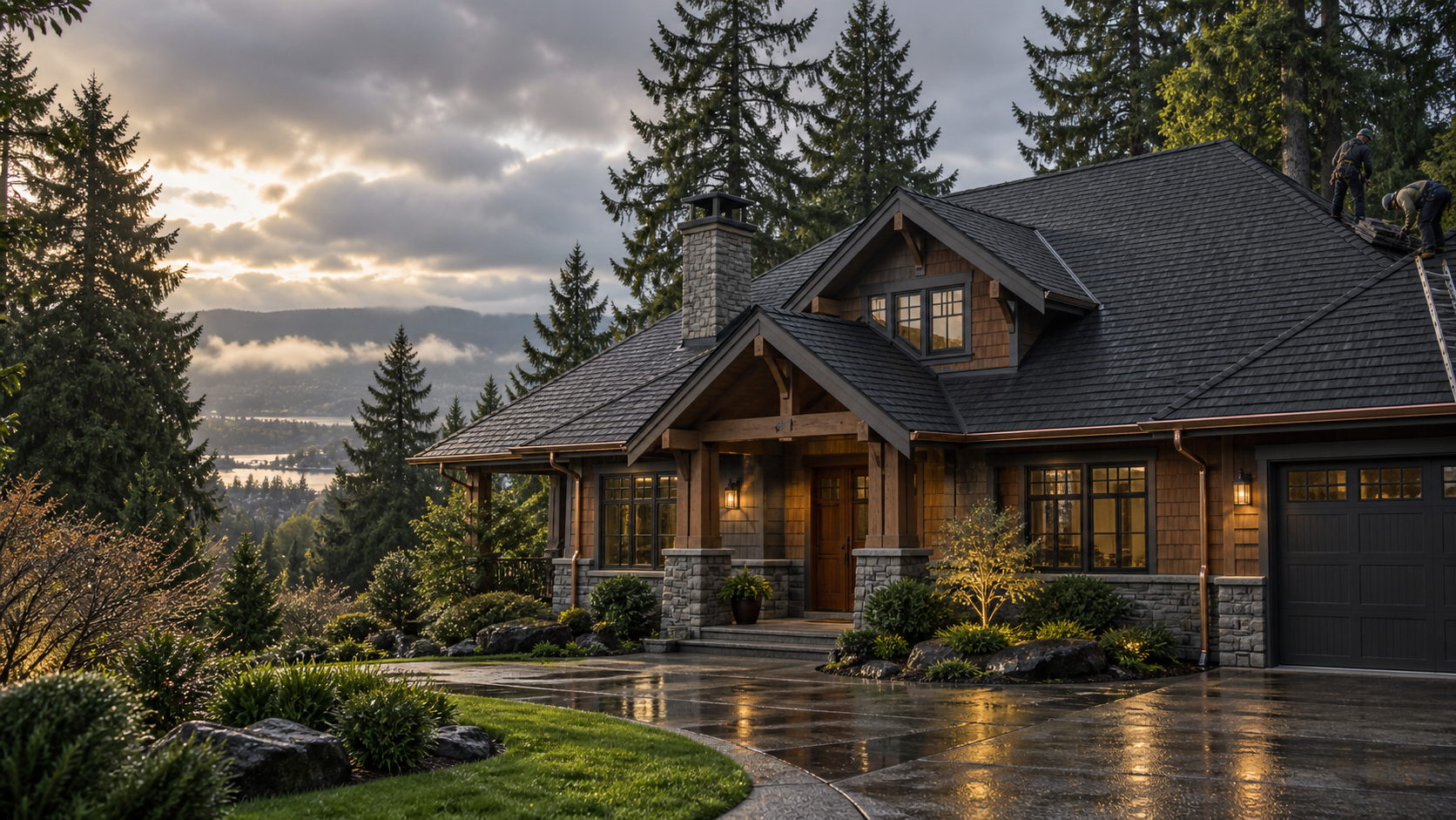 Newly roofed Pacific Northwest home surrounded by evergreens
